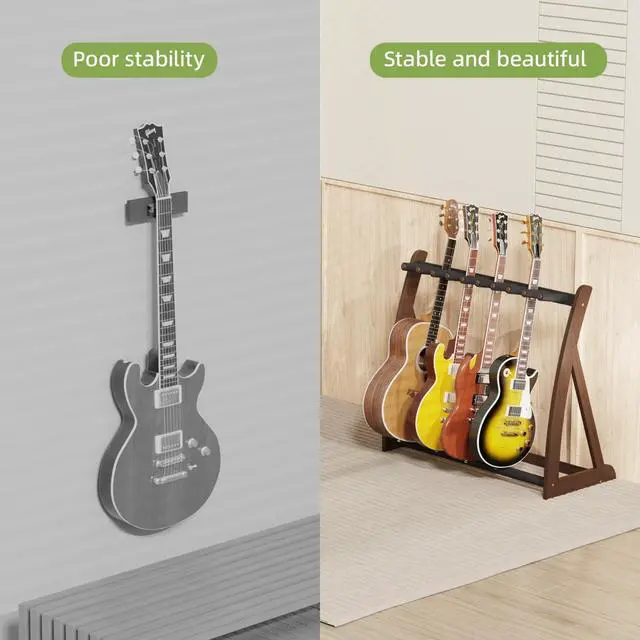 Alt view image 4 of 7 - Bamboo Multi Guitar Stand, Guitar Rack for Multiple Guitars(Walnut) | Adjustable Dividers Fits Acoustic, Electric & Bass Foam-Padded Supports Non-Slip Feet Triangular Base Pick Storage