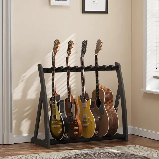 Alt view image 2 of 7 - Bamboo Multi Guitar Stand, Guitar Rack for Multiple Guitars(Black) | Adjustable Dividers Fits Acoustic, Electric & Bass Foam-Padded Supports Non-Slip Feet Triangular Base Pick Storage