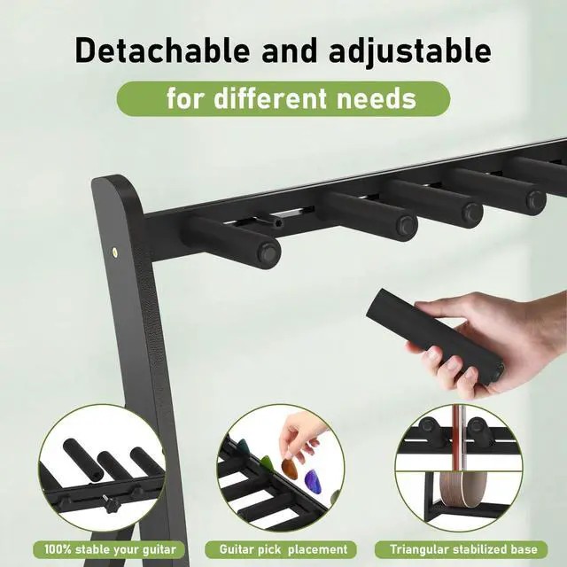 Alt view image 4 of 7 - Bamboo Multi Guitar Stand, Guitar Rack for Multiple Guitars(Black) | Adjustable Dividers Fits Acoustic, Electric & Bass Foam-Padded Supports Non-Slip Feet Triangular Base Pick Storage