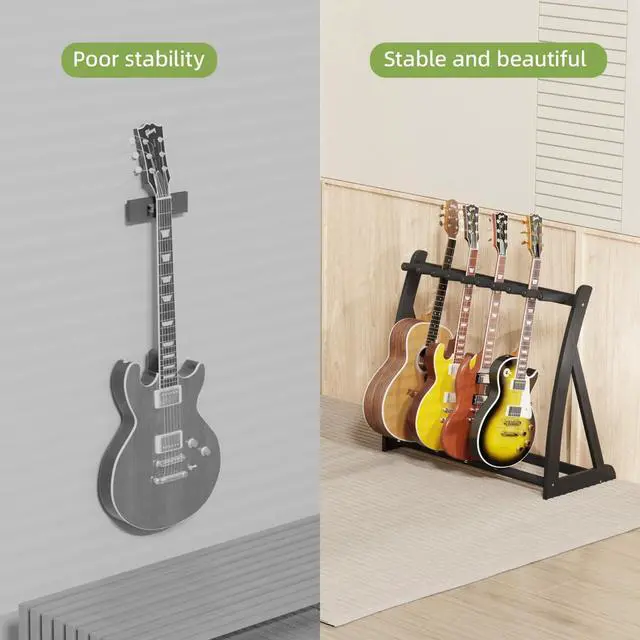 Alt view image 5 of 7 - Bamboo Multi Guitar Stand, Guitar Rack for Multiple Guitars(Black) | Adjustable Dividers Fits Acoustic, Electric & Bass Foam-Padded Supports Non-Slip Feet Triangular Base Pick Storage