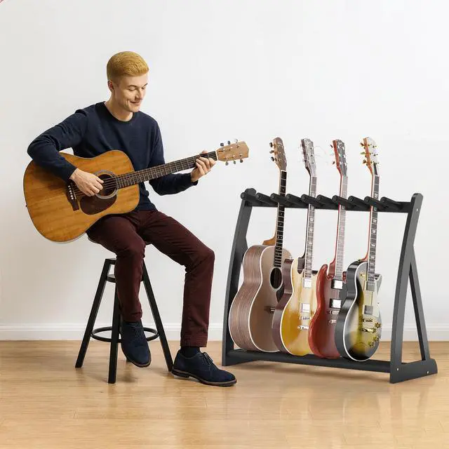 Alt view image 7 of 7 - Bamboo Multi Guitar Stand, Guitar Rack for Multiple Guitars(Black) | Adjustable Dividers Fits Acoustic, Electric & Bass Foam-Padded Supports Non-Slip Feet Triangular Base Pick Storage