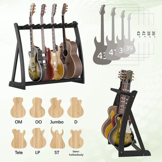 Alt view image 6 of 7 - Bamboo Multi Guitar Stand, Guitar Rack for Multiple Guitars(Black) | Adjustable Dividers Fits Acoustic, Electric & Bass Foam-Padded Supports Non-Slip Feet Triangular Base Pick Storage