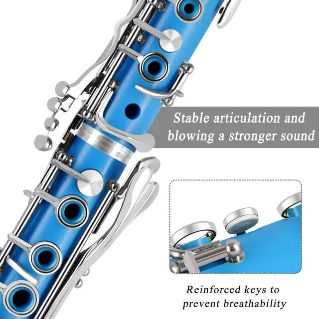 Alt view image 2 of 7 - Bb Clarinet For Beginners Students B Flat Clarinet 17 Keys Clarinets with Case Stand Strap 2 Barrels 8 Mouthpiece Cushion White Gloves(Blue)