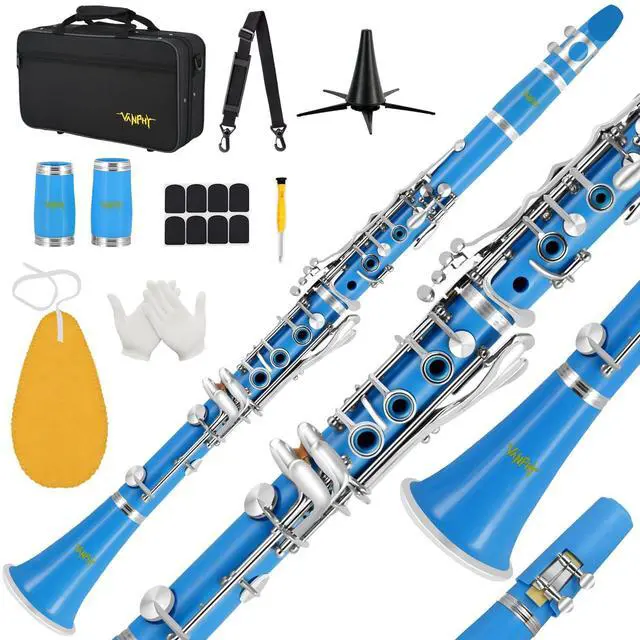 Main image of Bb Clarinet For Beginners Students B Flat Clarinet 17 Keys Clarinets with Case Stand Strap 2 Barrels 8 Mouthpiece Cushion White Gloves(Blue)