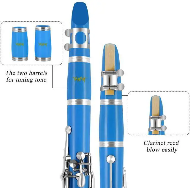 Alt view image 3 of 7 - Bb Clarinet For Beginners Students B Flat Clarinet 17 Keys Clarinets with Case Stand Strap 2 Barrels 8 Mouthpiece Cushion White Gloves(Blue)