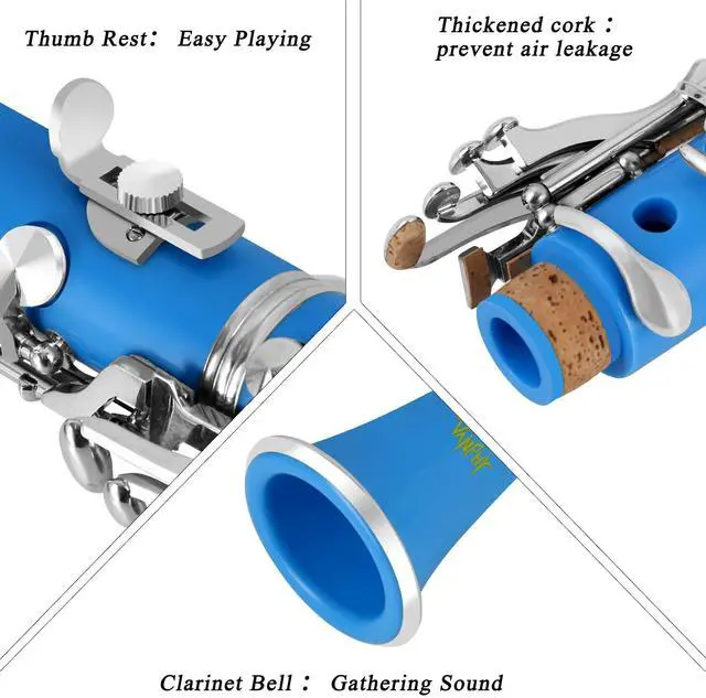 Alt view image 5 of 7 - Bb Clarinet For Beginners Students B Flat Clarinet 17 Keys Clarinets with Case Stand Strap 2 Barrels 8 Mouthpiece Cushion White Gloves(Blue)