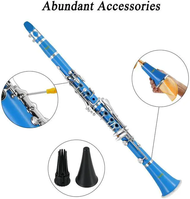 Alt view image 4 of 7 - Bb Clarinet For Beginners Students B Flat Clarinet 17 Keys Clarinets with Case Stand Strap 2 Barrels 8 Mouthpiece Cushion White Gloves(Blue)