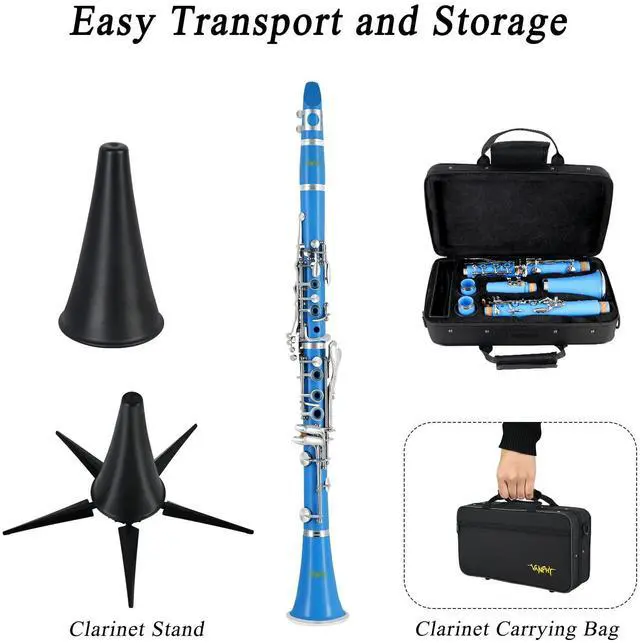Alt view image 6 of 7 - Bb Clarinet For Beginners Students B Flat Clarinet 17 Keys Clarinets with Case Stand Strap 2 Barrels 8 Mouthpiece Cushion White Gloves(Blue)