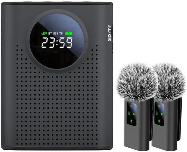 Main image of S67 Rechargeable Voice Amplifier Wireless Microphone Dual for Teachers Classroom, Mini Lavalier Lapel Mic Clip Magnetic, Bluetooth Speaker with LED Display for Class, Tour Guide, Coaches, Black