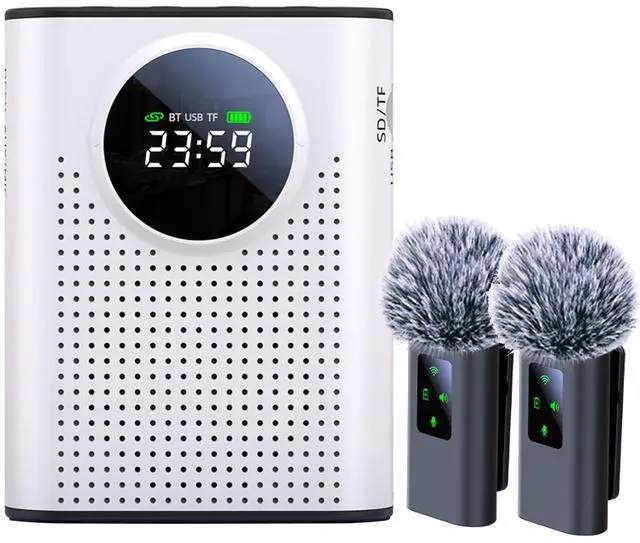 Main image of S67 Rechargeable Voice Amplifier Wireless Microphone Dual for Teachers Classroom, Mini Lavalier Lapel Mic Clip Magnetic, Bluetooth Speaker with LED Display for Class, Tour Guide, Coaches, White