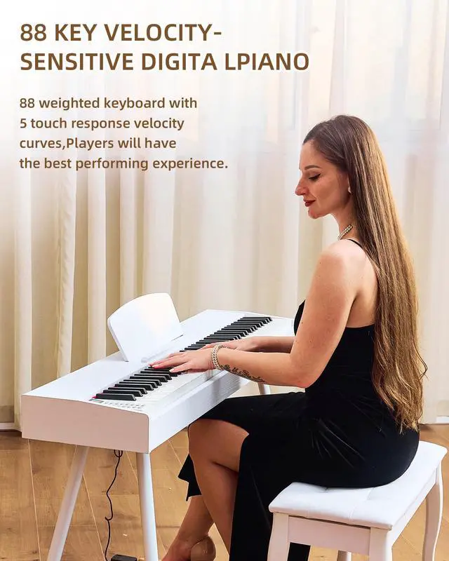 Alt view image 2 of 7 - Digital Piano 88 Key Weighted Keyboard Progressive Hammer-Action Electric Piano For Beginners (White) with Three-pedal Piano Cover Headphones Music Stickers