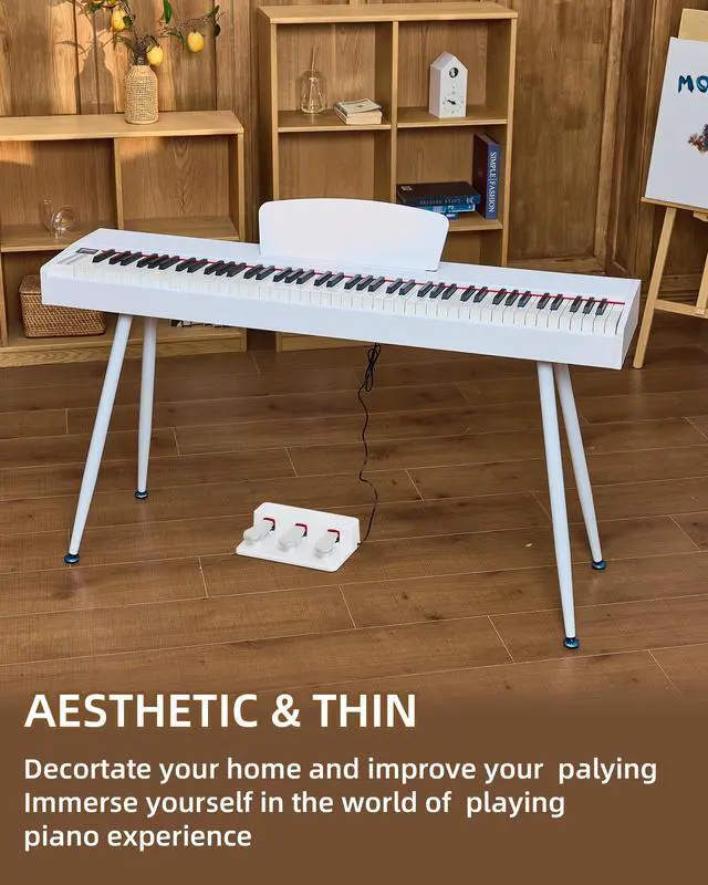 Alt view image 3 of 7 - Digital Piano 88 Key Weighted Keyboard Progressive Hammer-Action Electric Piano For Beginners (White) with Three-pedal Piano Cover Headphones Music Stickers