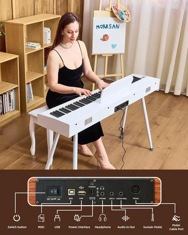 Alt view image 5 of 7 - Digital Piano 88 Key Weighted Keyboard Progressive Hammer-Action Electric Piano For Beginners (White) with Three-pedal Piano Cover Headphones Music Stickers