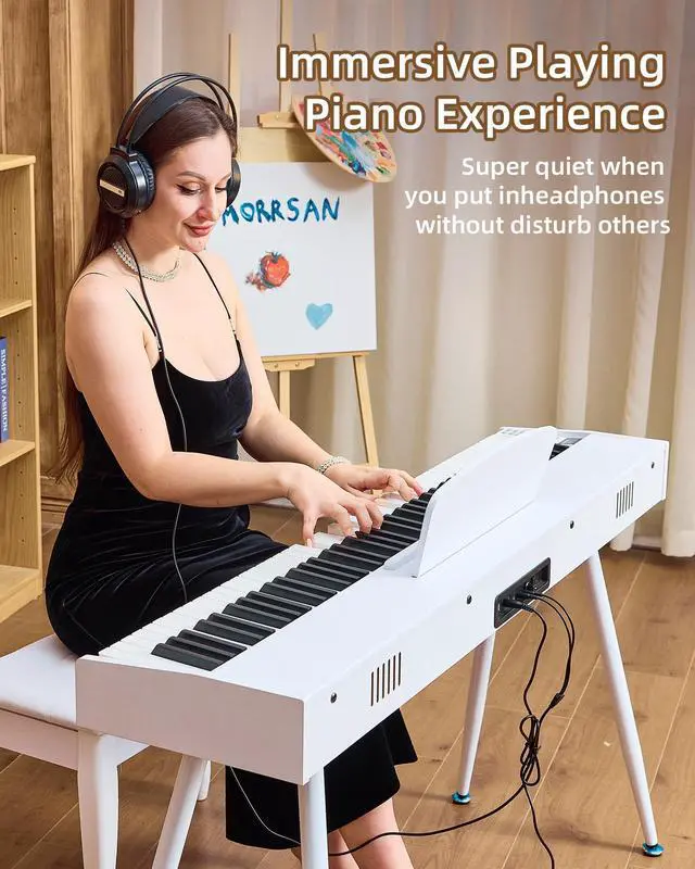 Alt view image 6 of 7 - Digital Piano 88 Key Weighted Keyboard Progressive Hammer-Action Electric Piano For Beginners (White) with Three-pedal Piano Cover Headphones Music Stickers