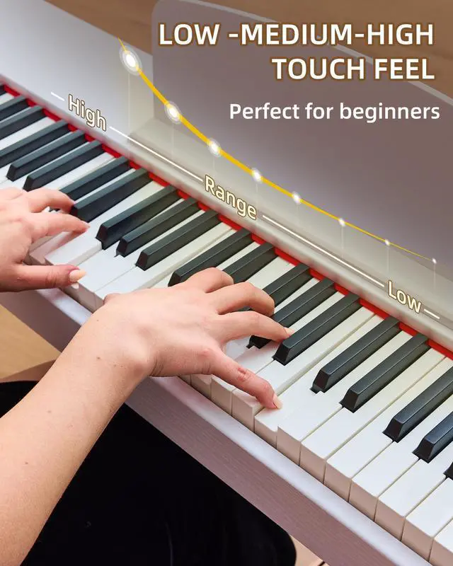 Alt view image 7 of 7 - Digital Piano 88 Key Weighted Keyboard Progressive Hammer-Action Electric Piano For Beginners (White) with Three-pedal Piano Cover Headphones Music Stickers
