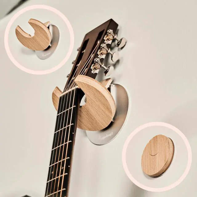 Alt view image 2 of 5 - Collapsible Guitar Hanger and Guitar Wall Mount Bracket Holder for Guitars and Basses - Patented - Danish Design - Space Saving - Wooden - Oak Color - Scratch Proof - Award Winning
