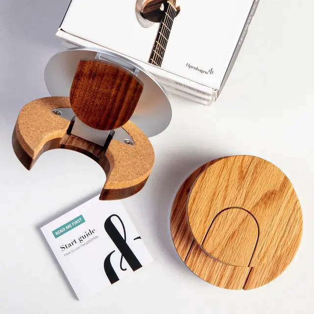 Alt view image 5 of 5 - Collapsible Guitar Hanger and Guitar Wall Mount Bracket Holder for Guitars and Basses - Patented - Danish Design - Space Saving - Wooden - Oak Color - Scratch Proof - Award Winning