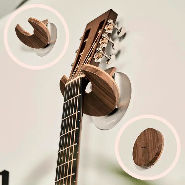 Alt view image 2 of 5 - Worlds Only Collapsible Guitar Hanger Wall Mount Bracket for Guitars & Basses - Patented Danish Design - Space Saving - Scratch Proof - Guitar Accessories, Wall Hooks for Hanging | Walnut Wood