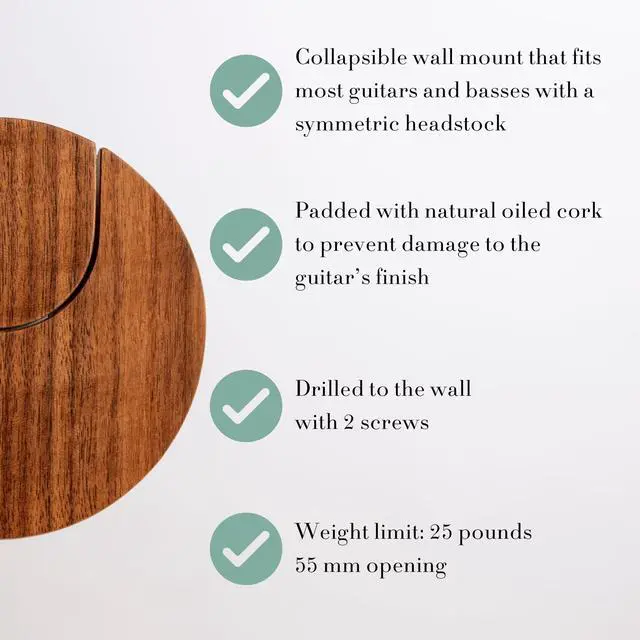 Alt view image 3 of 5 - Worlds Only Collapsible Guitar Hanger Wall Mount Bracket for Guitars & Basses - Patented Danish Design - Space Saving - Scratch Proof - Guitar Accessories, Wall Hooks for Hanging | Walnut Wood