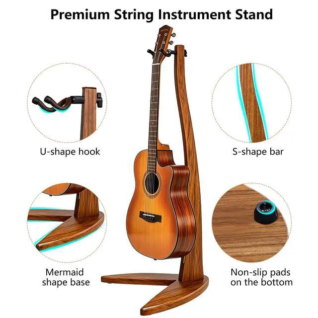 Alt view image 3 of 7 - Guitar Bass Hanger Stand, Solid Wood Bow Holder Mermaid Shaped for Display and Storage, 42 inches Height Anti-scratched and Anti-bump, Decorate Studios, Living room and Stage (Zebra, 1)