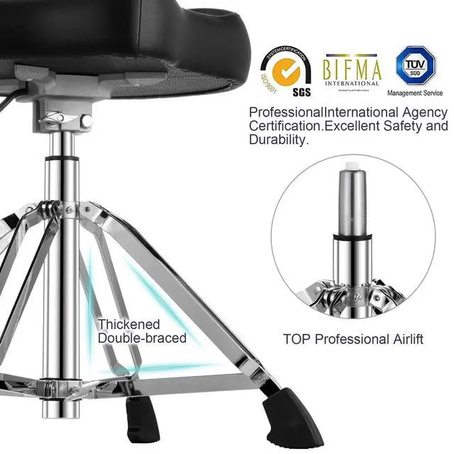 Alt view image 6 of 7 - Drum Throne Hydraulic Drum Stool, Removable Ergonomic Drum Seat with Memory Foam Velvet Surface and Foldable Base, 19in-24in Height Drummer Stool for Adults & Kids, TOT 750