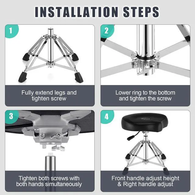 Alt view image 7 of 7 - Drum Throne Hydraulic Drum Stool, Removable Ergonomic Drum Seat with Memory Foam Velvet Surface and Foldable Base, 19in-24in Height Drummer Stool for Adults & Kids, TOT 750
