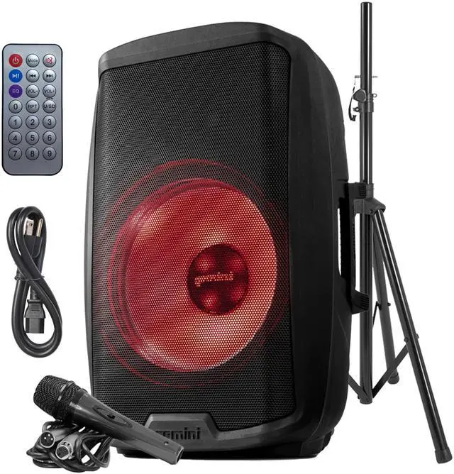 Main image of 15" PA Speaker & Stand, 1000 Watts, LED Lights (AS-2115BT-LT-PK) | 15" powered PA with LED lights, stand & mic - XLR/1/4" inputs - Bluetooth, USB, SD, FM