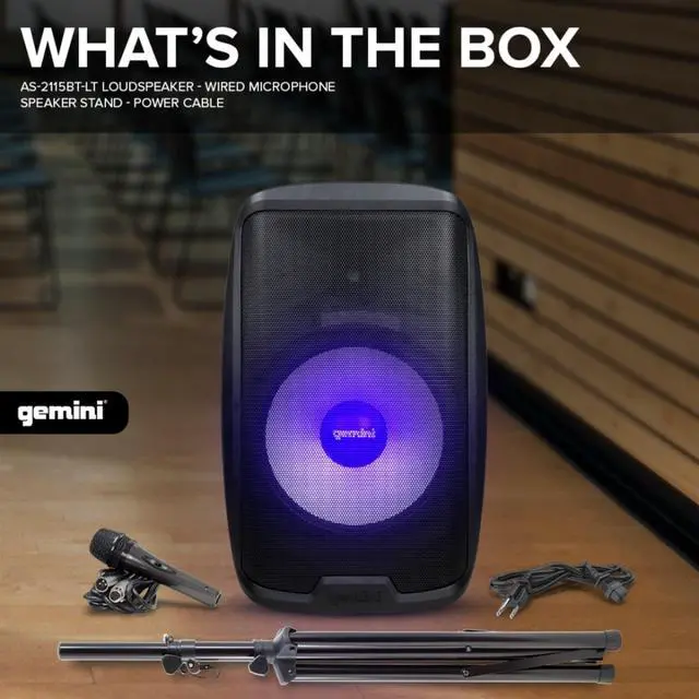 Alt view image 7 of 7 - 15" PA Speaker & Stand, 1000 Watts, LED Lights (AS-2115BT-LT-PK) | 15" powered PA with LED lights, stand & mic - XLR/1/4" inputs - Bluetooth, USB, SD, FM