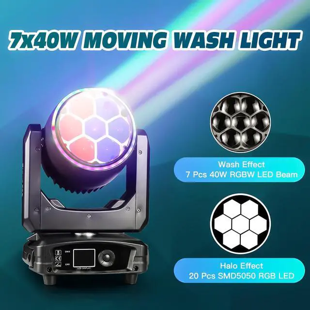 Alt view image 2 of 7 - 300W Moving Head DJ Light 7x40W LED Stage Lights RGBW Beam & Wash & Halo DMX512 Sound Activated for Parties Club Disco Events Wedding Church Opera