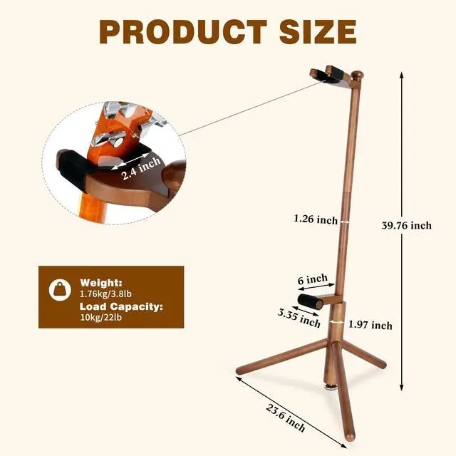Alt view image 2 of 7 - Guitar Stand, Solid Wood Acoustic Guitar Stand Floor with Padding | Acoustic Guitar Stand,Single Neck Support,Walnut Color for Acoustic Guitar, Electric Guitar & Mandolin,Backrest