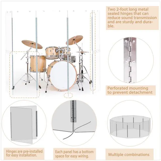 Alt view image 3 of 7 - Drum Shield 5 Panels Converts to 10ft x 5ft Drum Cage Pre-Installed Full-Length Stainless Steel Hinges. For Practice & Performance