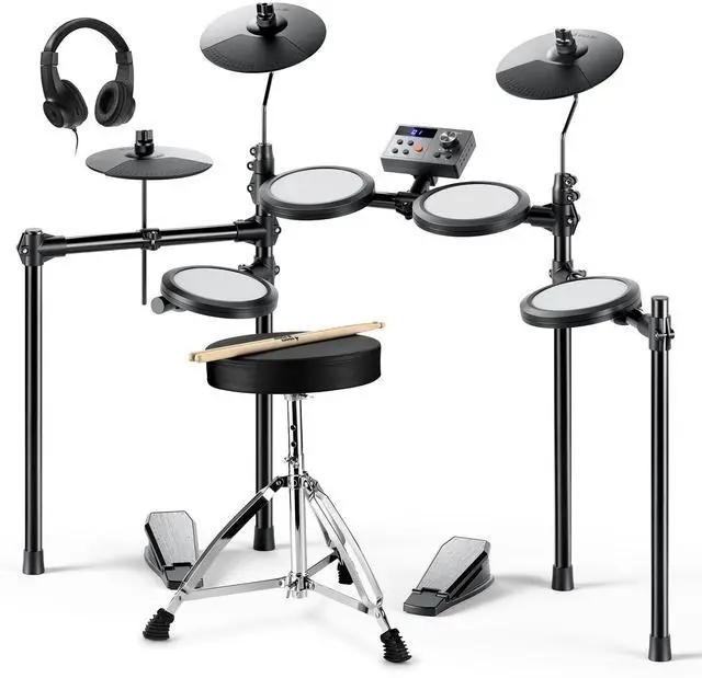 Main image of Electric Drum Set, DED-70 Electronic Drum Kit for Beginner with 150 Sounds, 4 Quiet Mesh Pads, 9" Cymbals, USB MIDI, Type-C Charging, 2 Pedal, Throne, Headphones, Sticks, Melodics Lessons