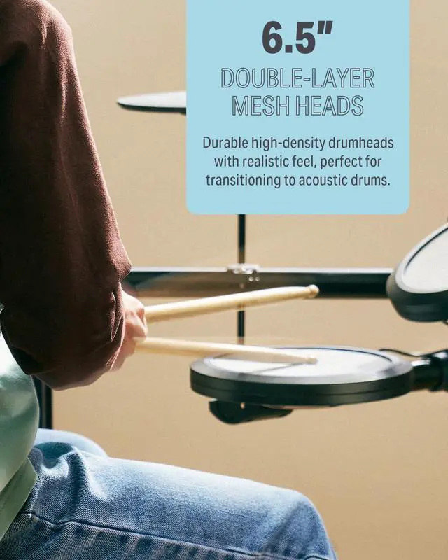 Alt view image 3 of 7 - Electric Drum Set, DED-70 Electronic Drum Kit for Beginner with 150 Sounds, 4 Quiet Mesh Pads, 9" Cymbals, USB MIDI, Type-C Charging, 2 Pedal, Throne, Headphones, Sticks, Melodics Lessons