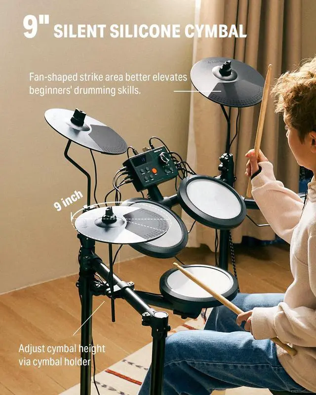 Alt view image 4 of 7 - Electric Drum Set, DED-70 Electronic Drum Kit for Beginner with 150 Sounds, 4 Quiet Mesh Pads, 9" Cymbals, USB MIDI, Type-C Charging, 2 Pedal, Throne, Headphones, Sticks, Melodics Lessons