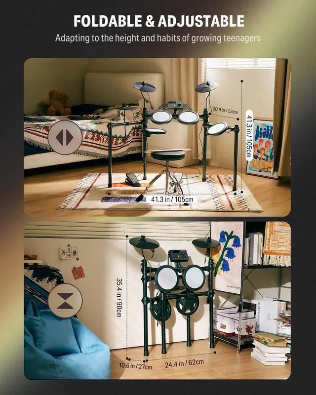 Alt view image 7 of 7 - Electric Drum Set, DED-70 Electronic Drum Kit for Beginner with 150 Sounds, 4 Quiet Mesh Pads, 9" Cymbals, USB MIDI, Type-C Charging, 2 Pedal, Throne, Headphones, Sticks, Melodics Lessons