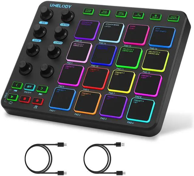 Main image of JP-1 MIDI Pad Controller with Wireless Connection, 16 RGB Beat Pads for Music Production, Portable Beat Maker for Beginners, Finger Drumming, Sampling, Looping on Laptop, Tablet, Phone