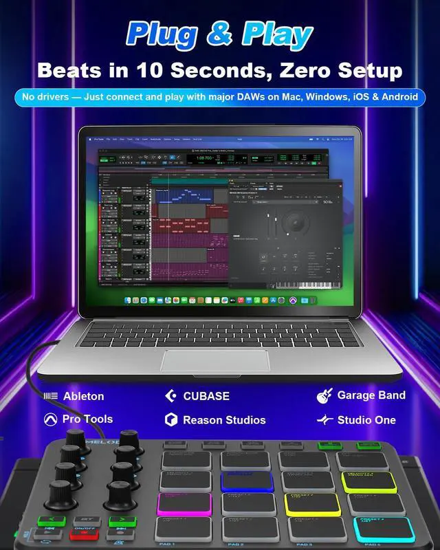 Alt view image 2 of 7 - JP-1 MIDI Pad Controller with Wireless Connection, 16 RGB Beat Pads for Music Production, Portable Beat Maker for Beginners, Finger Drumming, Sampling, Looping on Laptop, Tablet, Phone