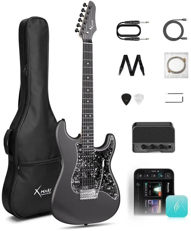 Main image of ENYA 39" Smart Beginner Electric Guitar Kit with Built-in 4 Effects | Carbon Fiber Body, USB-C Recording, with Gig Bag & AMP, Headphone Output, App Control, for Silent Practice & Travel, Black