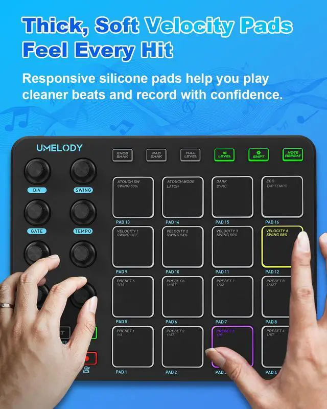 Alt view image 3 of 7 - JP-1 MIDI Pad Controller with Wireless Connection, 16 RGB Beat Pads for Music Production, Portable Beat Maker for Beginners, Finger Drumming, Sampling, Looping on Laptop, Tablet, Phone