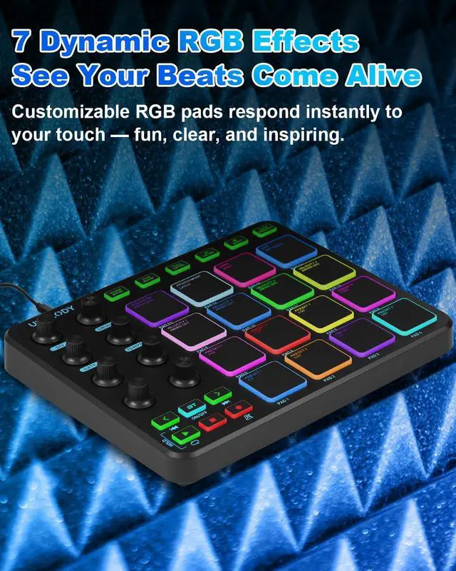 Alt view image 4 of 7 - JP-1 MIDI Pad Controller with Wireless Connection, 16 RGB Beat Pads for Music Production, Portable Beat Maker for Beginners, Finger Drumming, Sampling, Looping on Laptop, Tablet, Phone