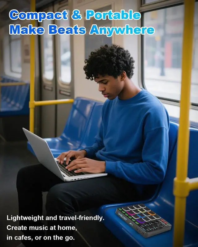 Alt view image 5 of 7 - JP-1 MIDI Pad Controller with Wireless Connection, 16 RGB Beat Pads for Music Production, Portable Beat Maker for Beginners, Finger Drumming, Sampling, Looping on Laptop, Tablet, Phone