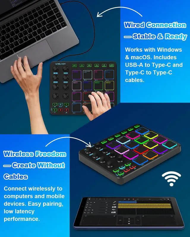 Alt view image 6 of 7 - JP-1 MIDI Pad Controller with Wireless Connection, 16 RGB Beat Pads for Music Production, Portable Beat Maker for Beginners, Finger Drumming, Sampling, Looping on Laptop, Tablet, Phone