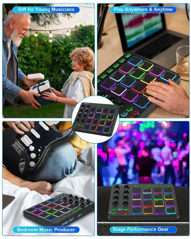 Alt view image 7 of 7 - JP-1 MIDI Pad Controller with Wireless Connection, 16 RGB Beat Pads for Music Production, Portable Beat Maker for Beginners, Finger Drumming, Sampling, Looping on Laptop, Tablet, Phone