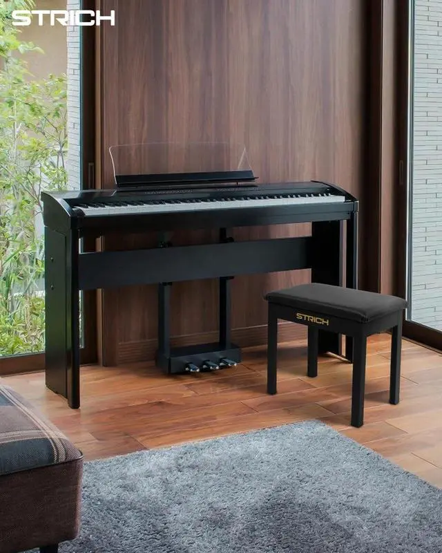 Alt view image 2 of 7 - Piano Bench with Storage, Solid Wood Keyboard Bench Piano Bookcase Stool Chair Seat with Padded Cushion, Black