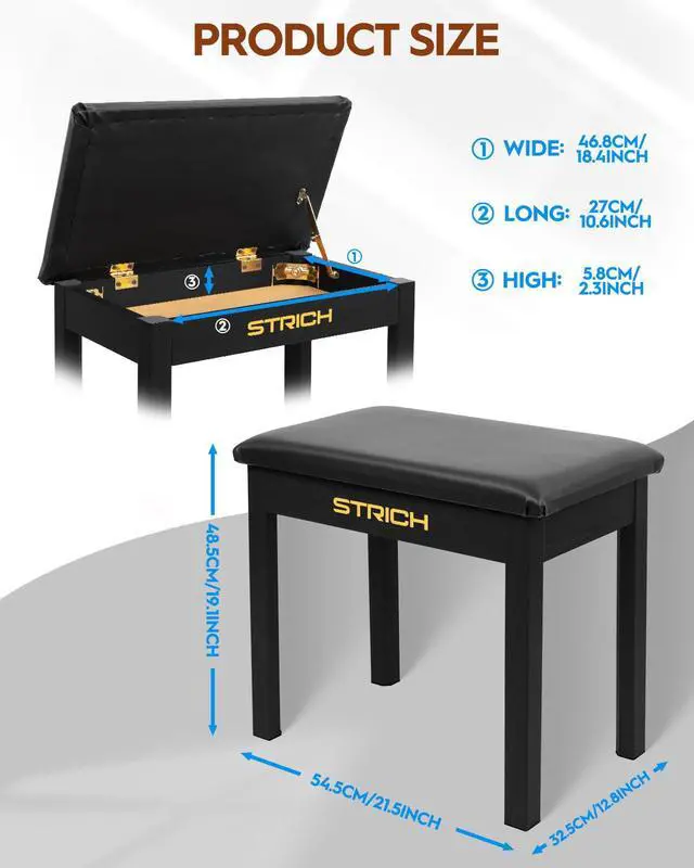 Alt view image 3 of 7 - Piano Bench with Storage, Solid Wood Keyboard Bench Piano Bookcase Stool Chair Seat with Padded Cushion, Black