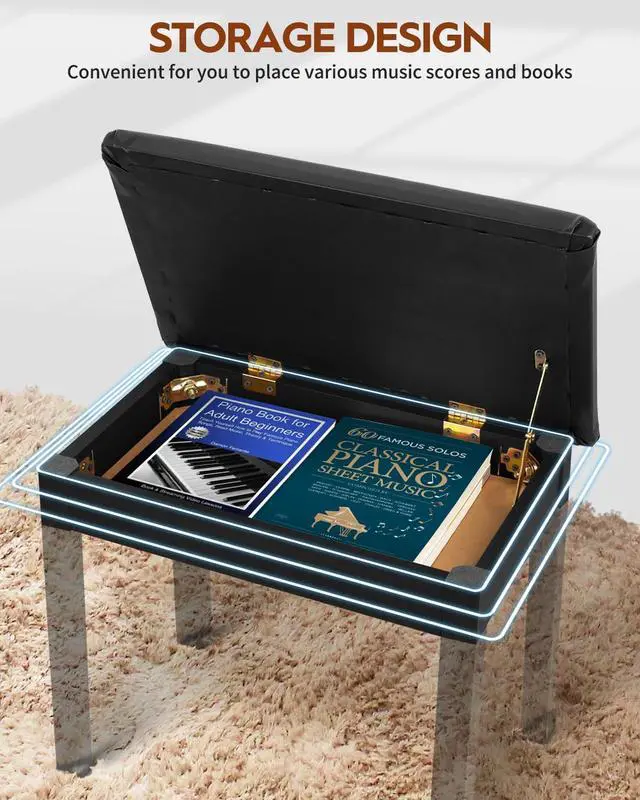 Alt view image 4 of 7 - Piano Bench with Storage, Solid Wood Keyboard Bench Piano Bookcase Stool Chair Seat with Padded Cushion, Black