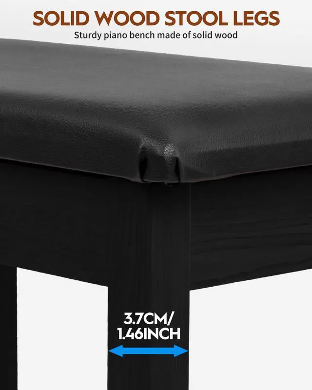 Alt view image 7 of 7 - Piano Bench with Storage, Solid Wood Keyboard Bench Piano Bookcase Stool Chair Seat with Padded Cushion, Black