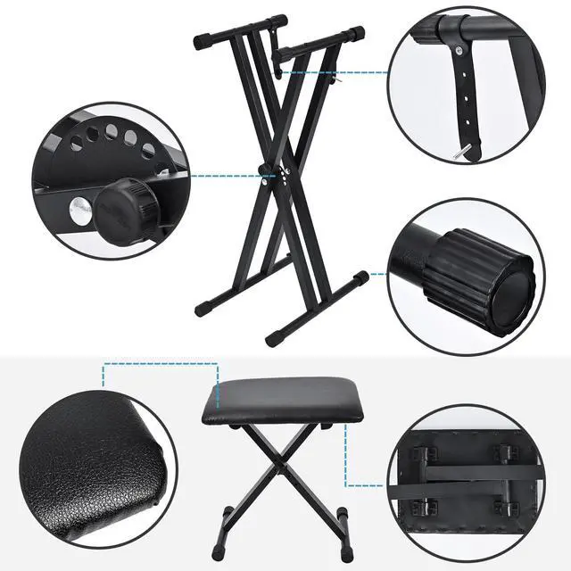Alt view image 2 of 7 - Keyboard Stand & Bench Set, Upgrade Heavy Duty Double-X Keyboard Stand, Adjustable & Portable Digital Piano Stand with Locking Straps