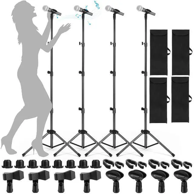 Main image of 4 Pcs Tripod Microphone Stand Boom Arm Floor Mic Stand with Carrying Bag and Mic Clips for Singing Stage Wedding Karaoke Church (Vertical Style)