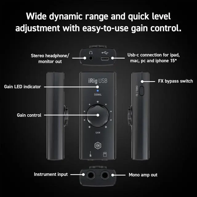 Alt view image 4 of 7 - iRig USB Guitar Audio Interface - 24-bit 48 kHz Music Recording Studio Equipment Include USB C Cable For iPad, Mac And PC, Guitar Accessories, Recording Device
